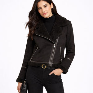 NWT Women's Calvin Klein Black Faux Shearling Moto Jacket Size L